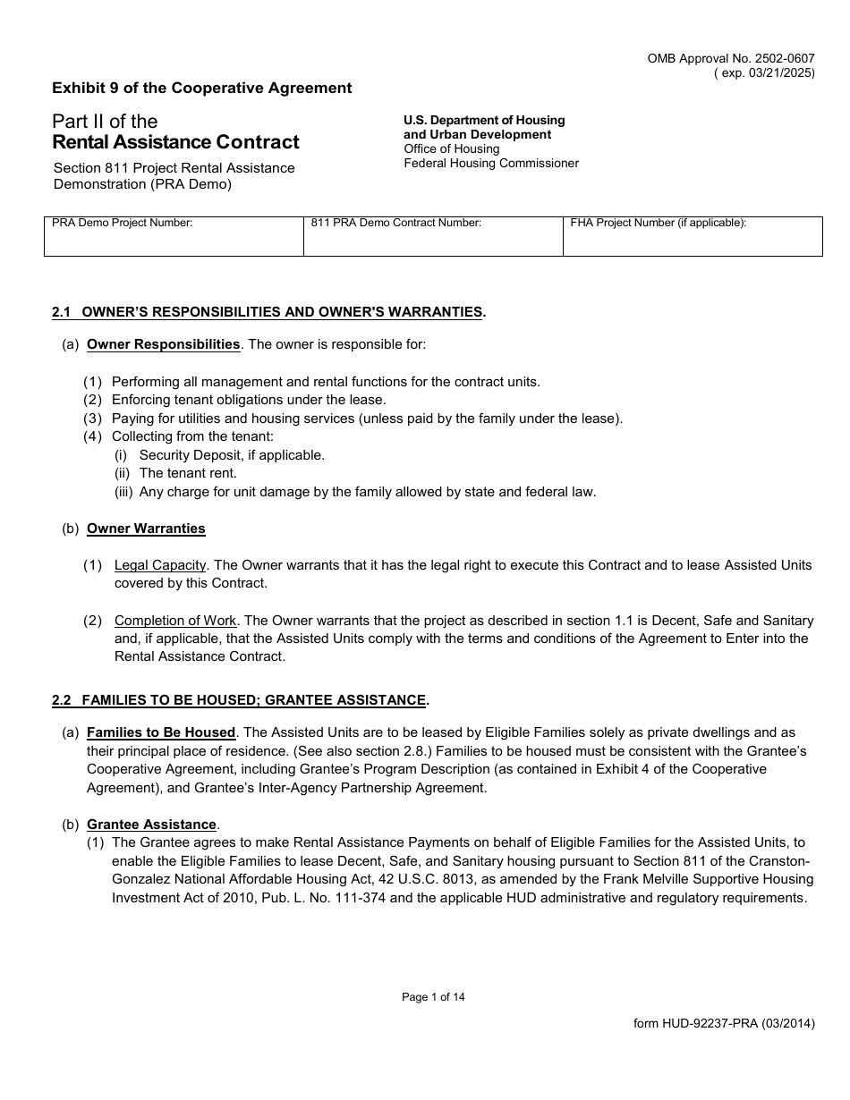 Form HUD-92237-PRA Exhibit 9 Part II of the Rental Assistance Contract, Page 1