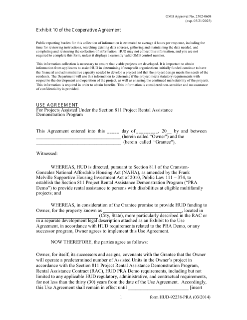 Form HUD-92238-PRA Exhibit 10 Use Agreement for Projects Assisted Under the Section 811 Project Rental Assistance Demonstration Program