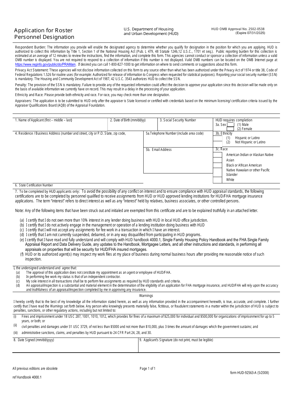 Form HUD-92563-A Application for Roster Personnel Designation, Page 1