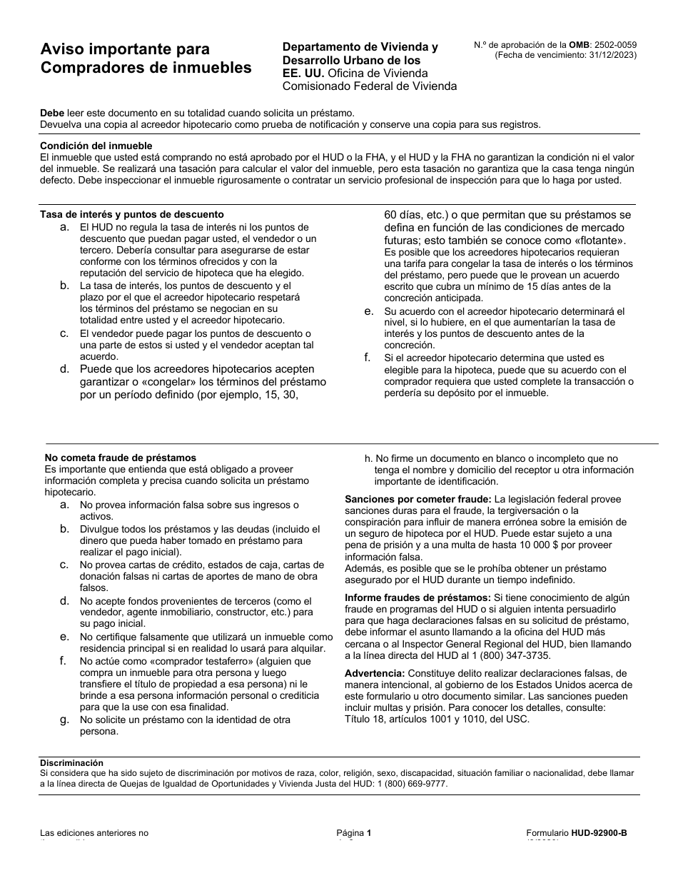 Formulario HUD-92900-B Aviso Importante Para Compradores De Inmuebles (Spanish), Page 1