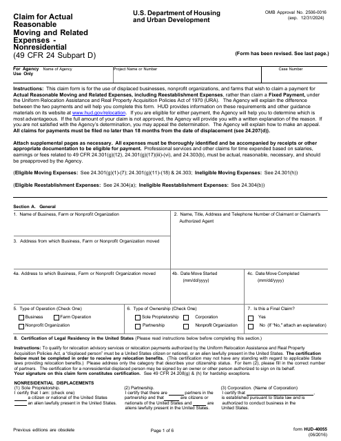 Form HUD-40055 Claim for Actual Reasonable Moving and Related Expenses - Nonresidential
