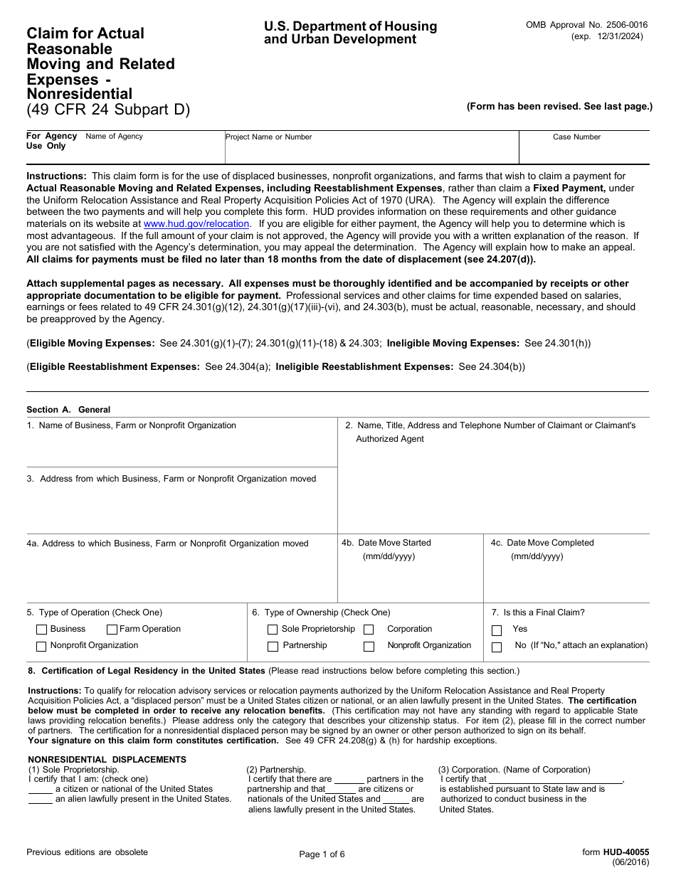 Form HUD-40055 Claim for Actual Reasonable Moving and Related Expenses - Nonresidential, Page 1
