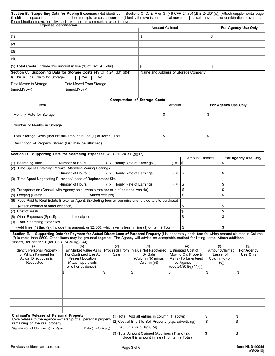 Form HUD-40055 Claim for Actual Reasonable Moving and Related Expenses - Nonresidential, Page 3