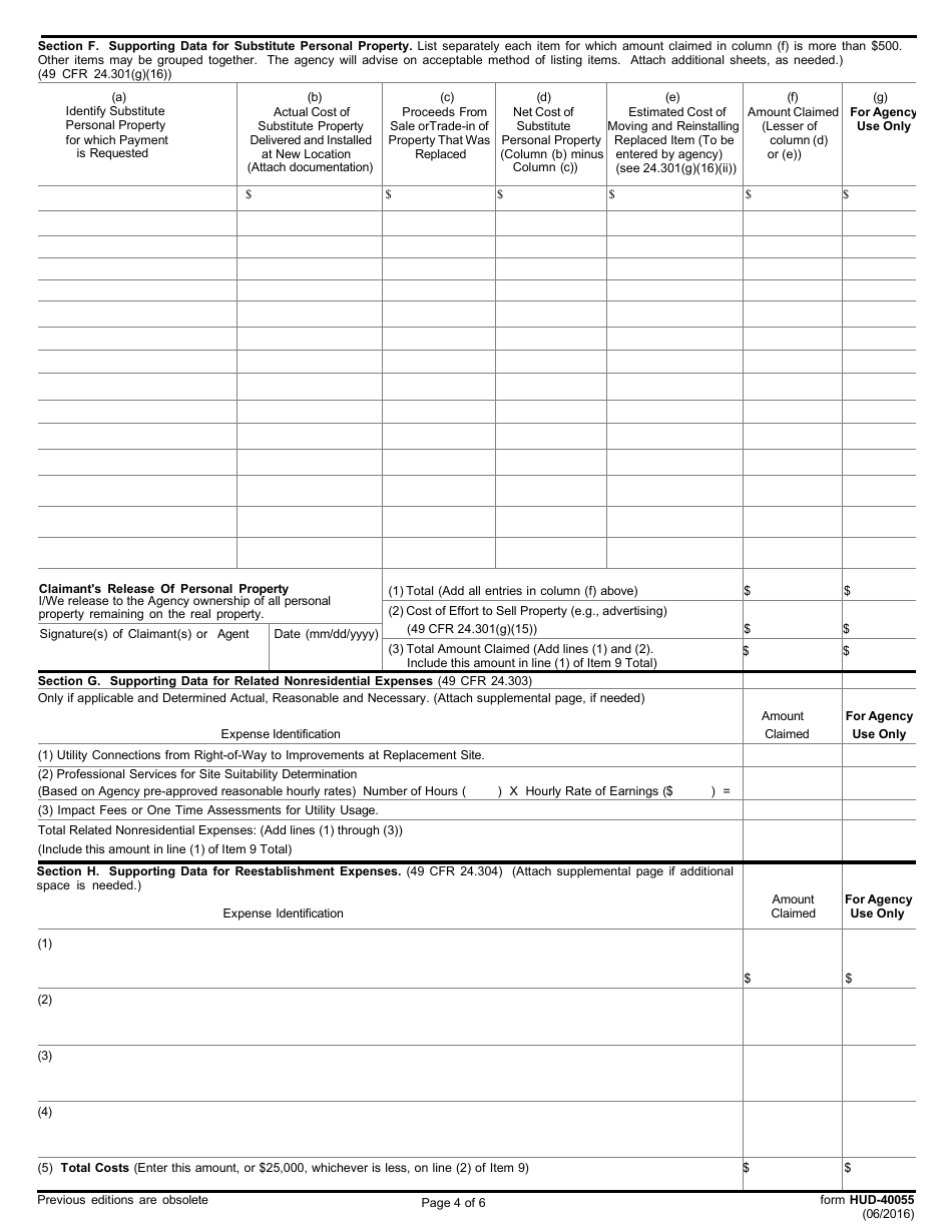 Form HUD-40055 Claim for Actual Reasonable Moving and Related Expenses - Nonresidential, Page 4