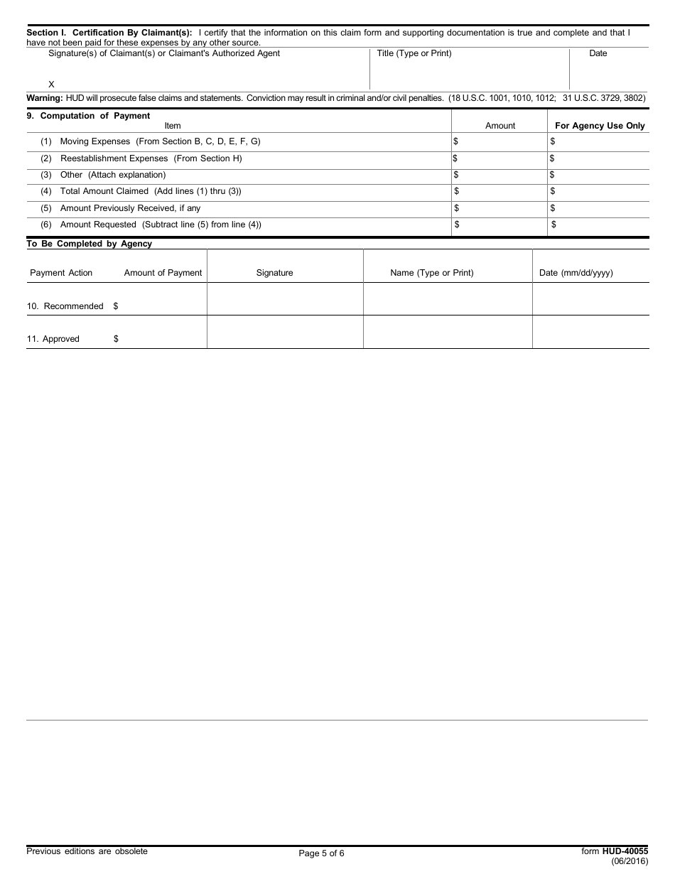 Form HUD-40055 Claim for Actual Reasonable Moving and Related Expenses - Nonresidential, Page 5