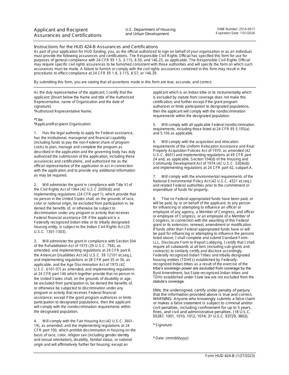 Form HUD424-B Applicant and Recipient Assurances and Certifications, Page 1