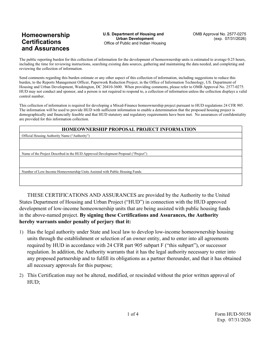Form HUD-50158 Homeownership Certifications and Assurances, Page 1