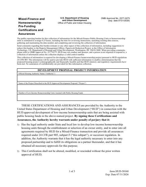 Form HUD-50160 Mixed-Finance and Homeownership Pre-funding Certifications and Assurances