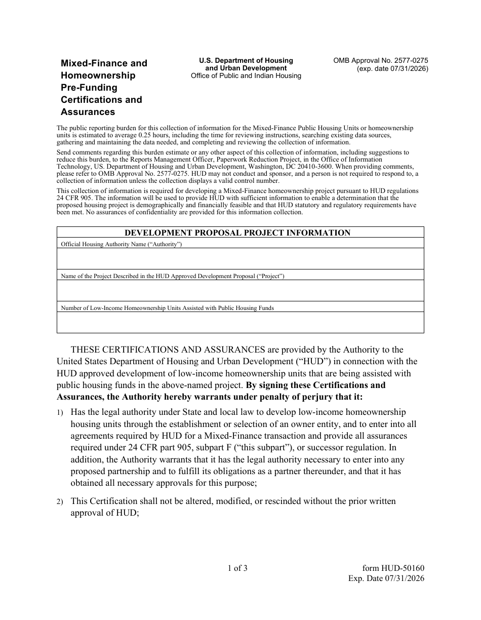 Form HUD-50160 Mixed-Finance and Homeownership Pre-funding Certifications and Assurances, Page 1