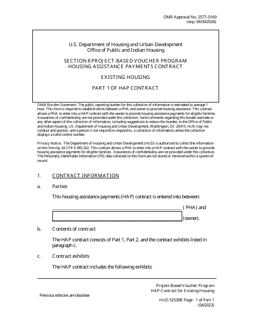 HUD Form 52530B Housing Assistance Payments Contract Existing Housing - Part 1 of Hap Contract - Section 8 Project-Based Voucher Program