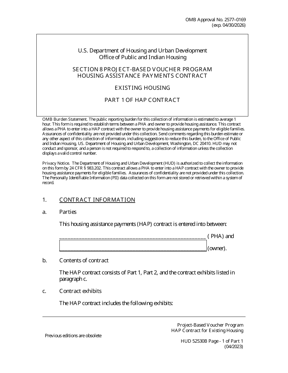 HUD Form 52530B Housing Assistance Payments Contract Existing Housing - Part 1 of Hap Contract - Section 8 Project-Based Voucher Program, Page 1