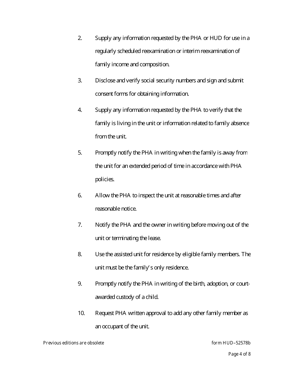 Form HUD-52578B Statement of Family Responsibility - Section 8 Project-Based Voucher Program, Page 4