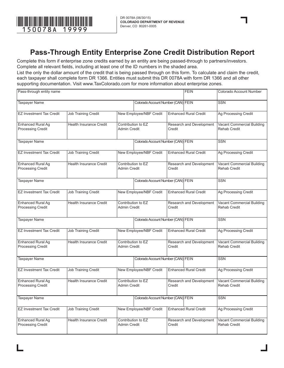 Form DR0078A Pass-Through Entity Enterprise Zone Credit Distribution Report - Colorado, Page 1