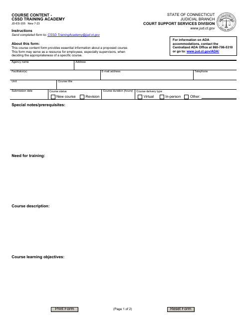 Form JD-ES-355 Course Content - Cssd Training Academy - Connecticut