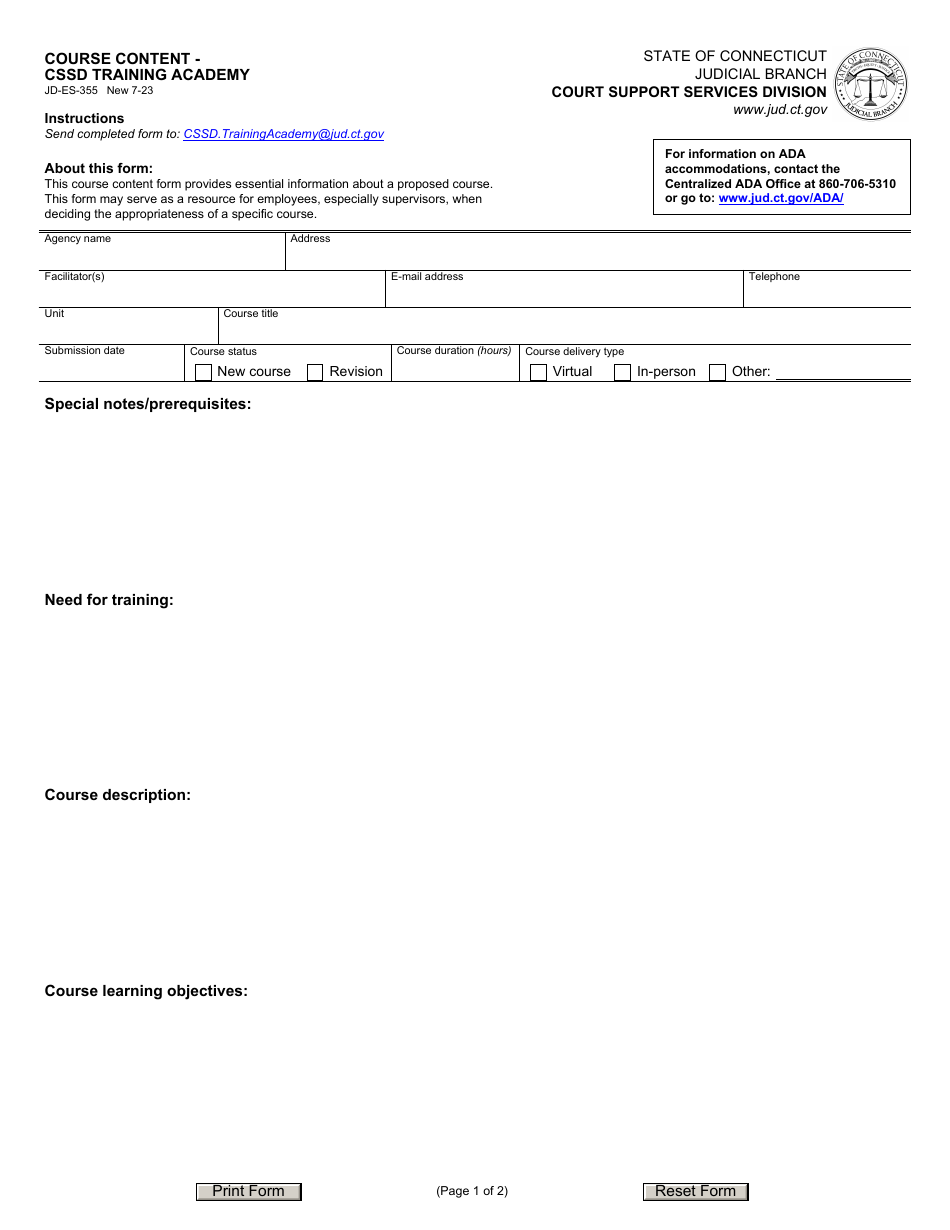 Form JD-ES-355 Course Content - Cssd Training Academy - Connecticut, Page 1