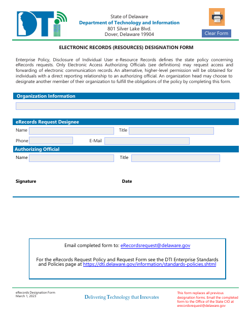 Electronic Records (Resources) Designation Form - Delaware