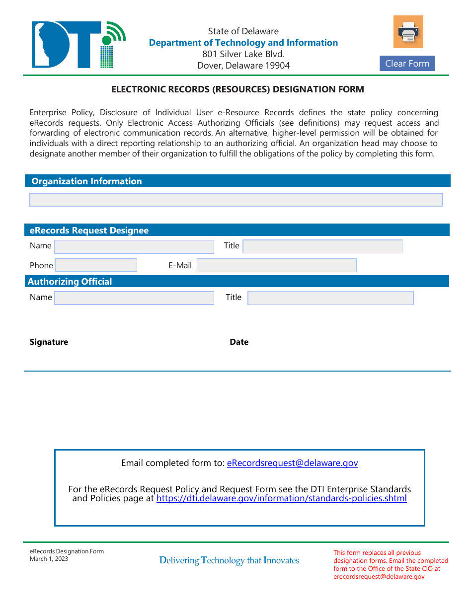 Electronic Records (Resources) Designation Form - Delaware, Page 1