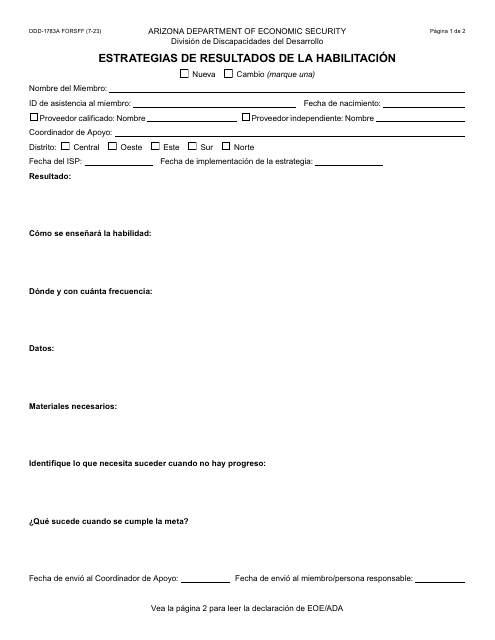 Formulario DDD-1783A-S Estrategias De Resultados De La Habilitacion - Arizona (Spanish)