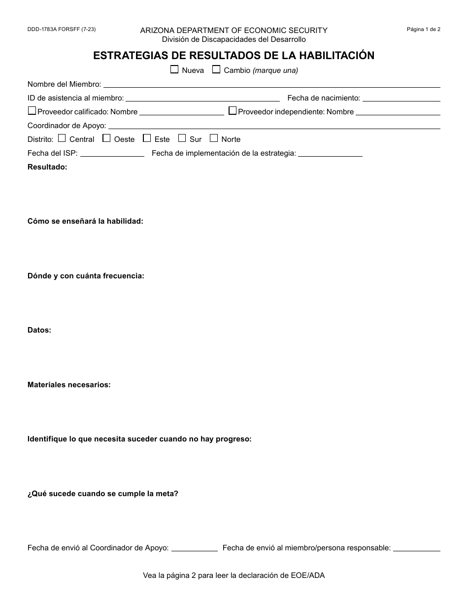 Formulario DDD-1783A-S Estrategias De Resultados De La Habilitacion - Arizona (Spanish), Page 1