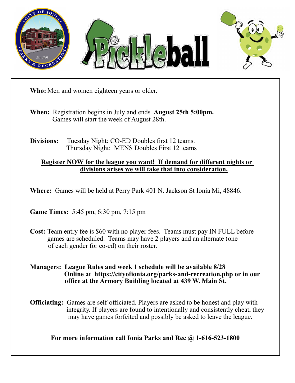 Roster / Registration Form - Pickle Ball - City of Ionia, Michigan, Page 1