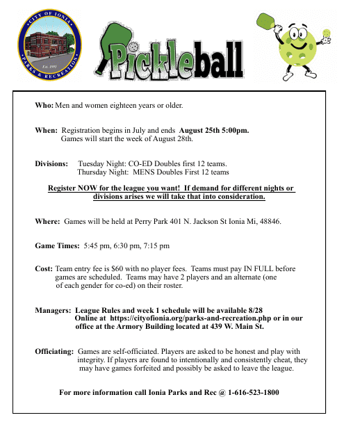 Roster / Registration Form - Pickle Ball - City of Ionia, Michigan Download Pdf