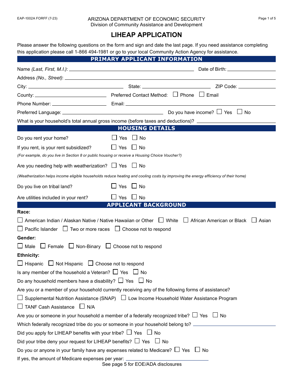 Form EAP-1002A Liheap Application - Arizona, Page 1