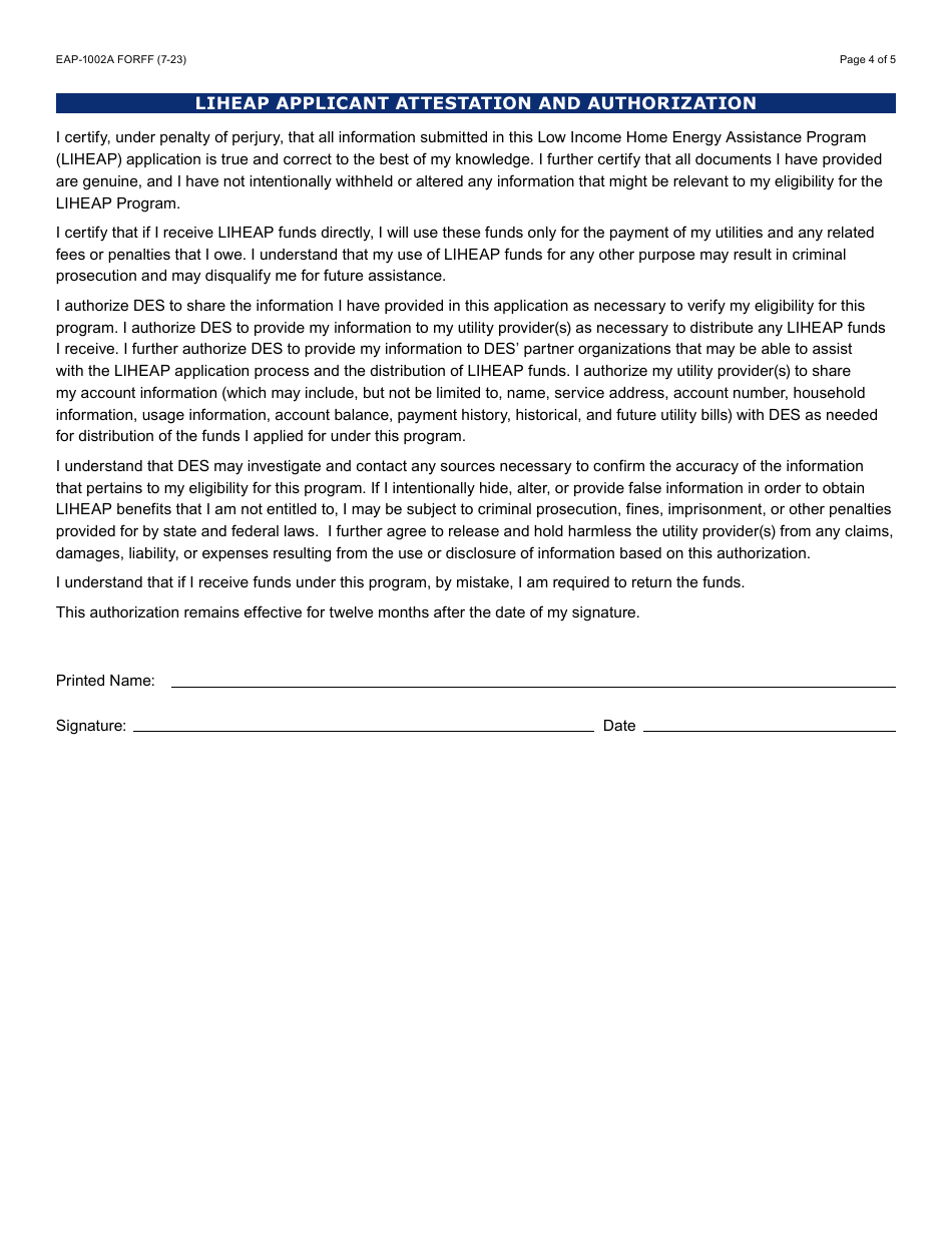 Form EAP-1002A Liheap Application - Arizona, Page 4