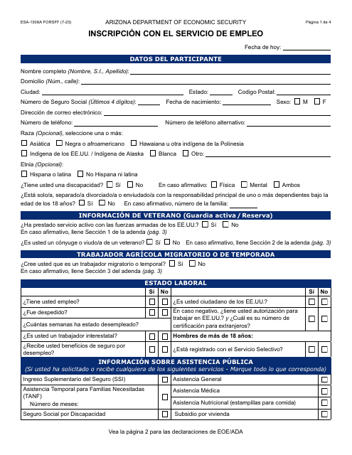Formulario ESA-1306A-S Inscripcion Con El Servicio De Empleo - Arizona (Spanish)