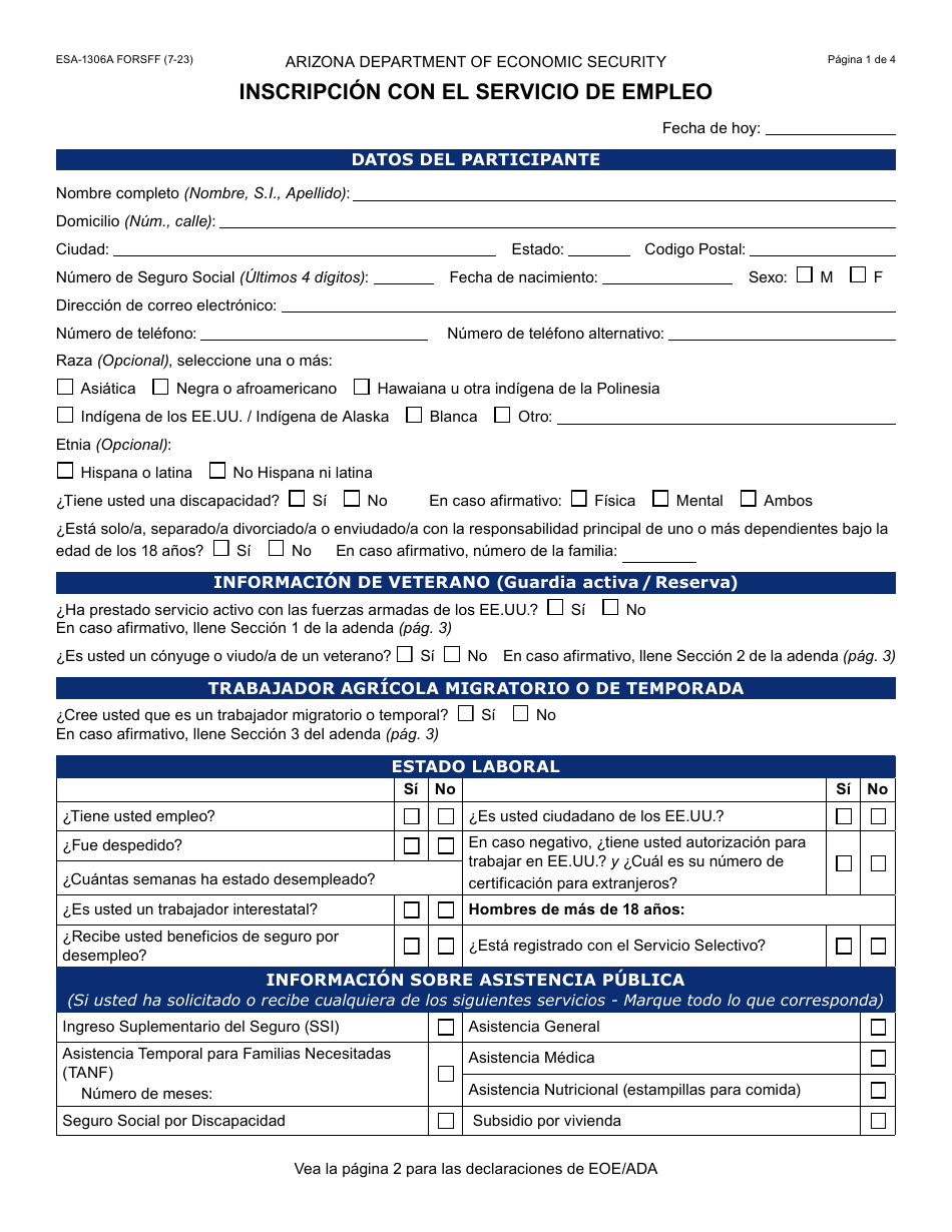 Formulario ESA-1306A-S Inscripcion Con El Servicio De Empleo - Arizona (Spanish), Page 1