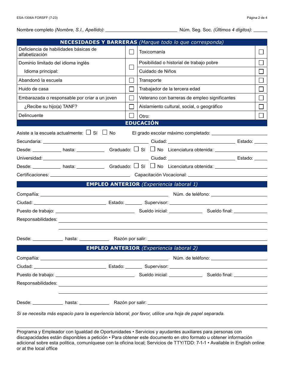 Formulario ESA-1306A-S Inscripcion Con El Servicio De Empleo - Arizona (Spanish), Page 2