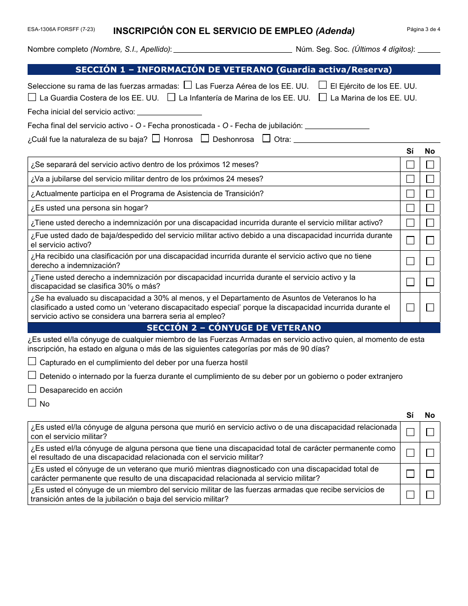 Formulario ESA-1306A-S Inscripcion Con El Servicio De Empleo - Arizona (Spanish), Page 3