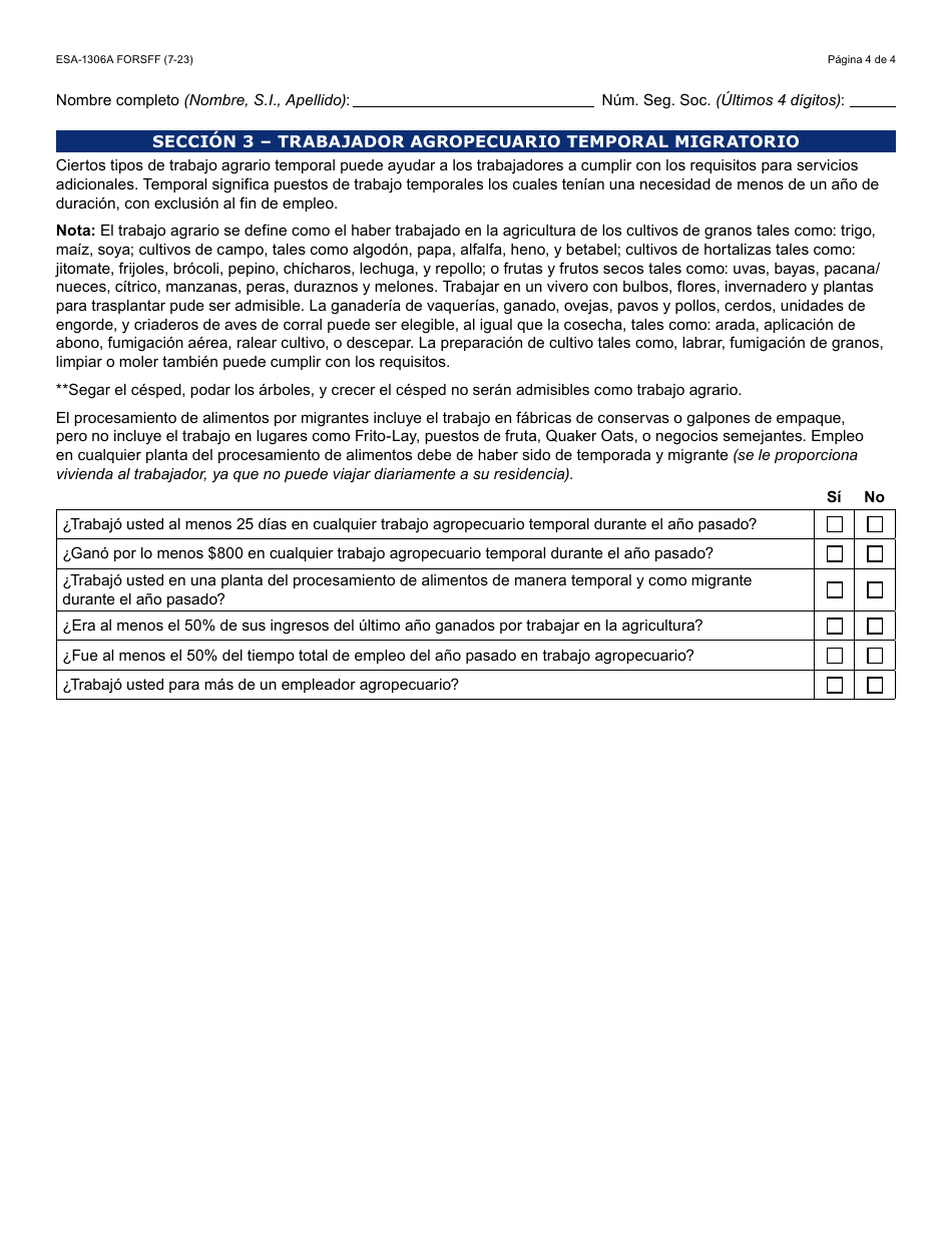 Formulario ESA-1306A-S Inscripcion Con El Servicio De Empleo - Arizona (Spanish), Page 4