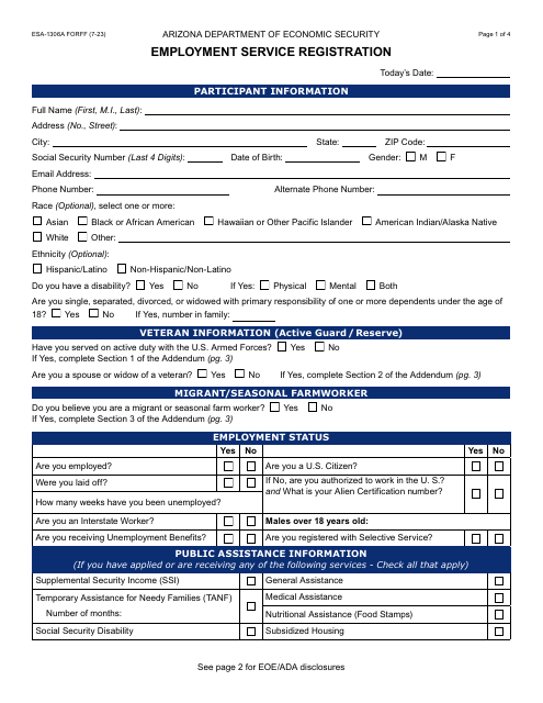 Form ESA-1306A  Printable Pdf