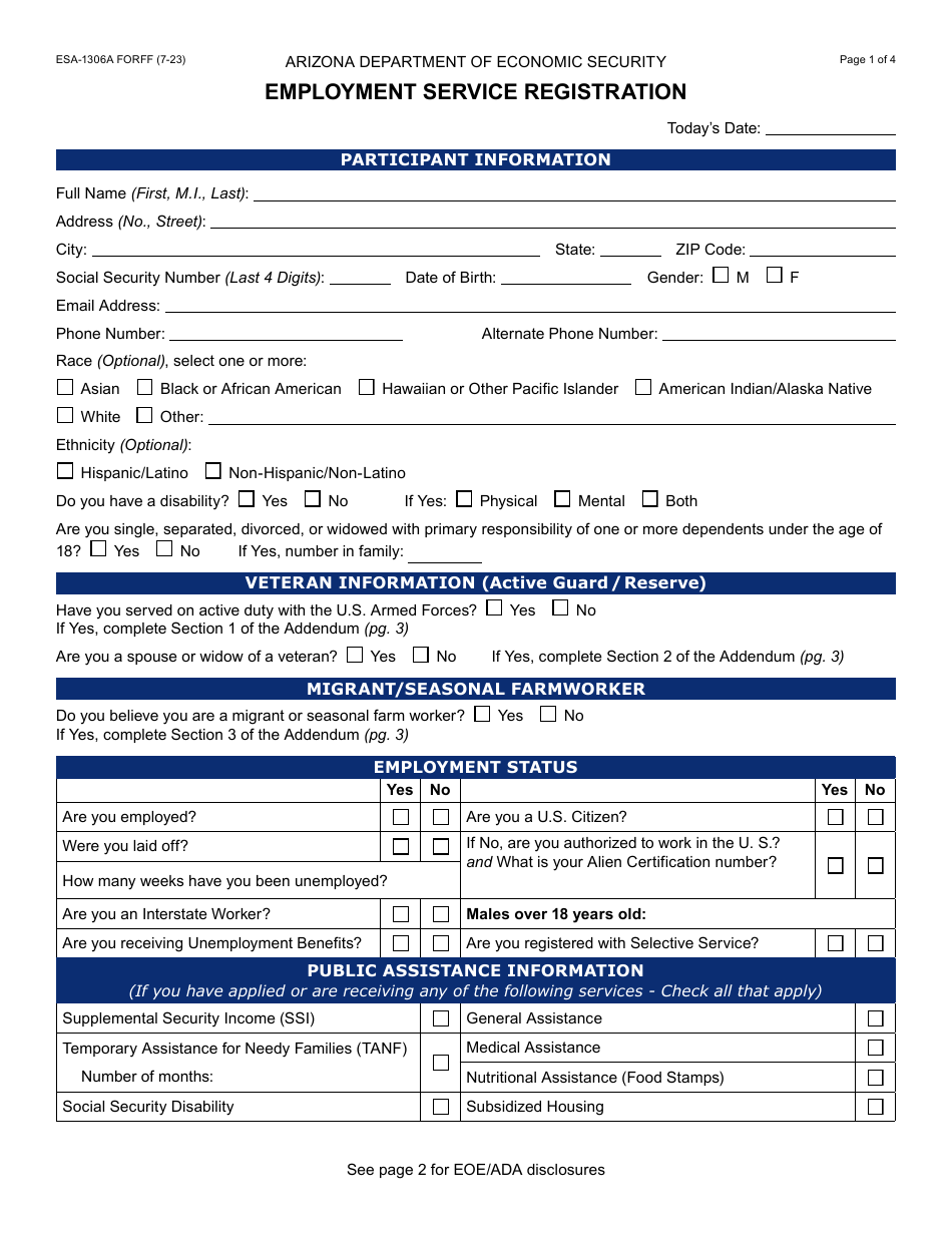Form ESA-1306A Employment Service Registration - Arizona, Page 1