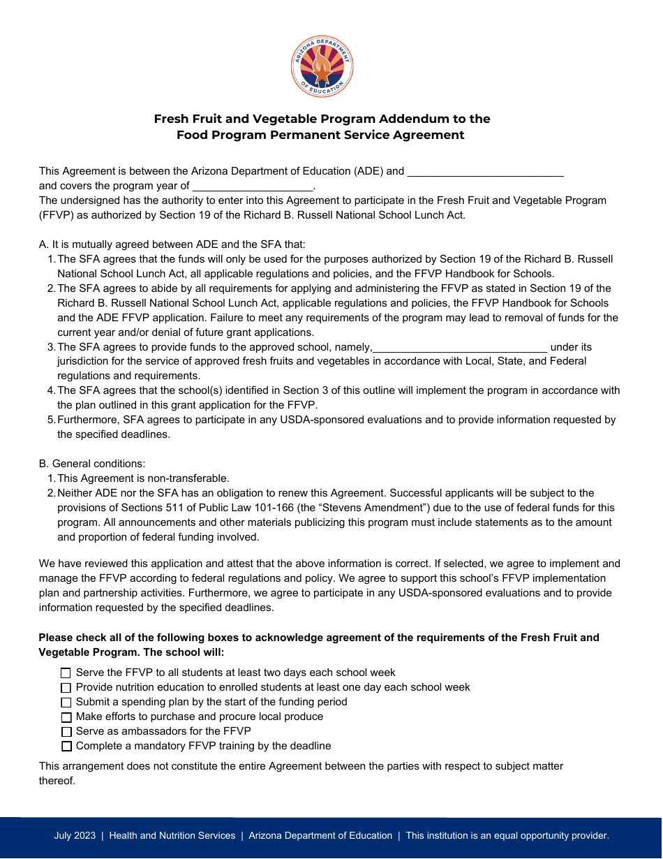 Fresh Fruit and Vegetable Program Addendum to the Food Program Permanent Service Agreement - Arizona, Page 1
