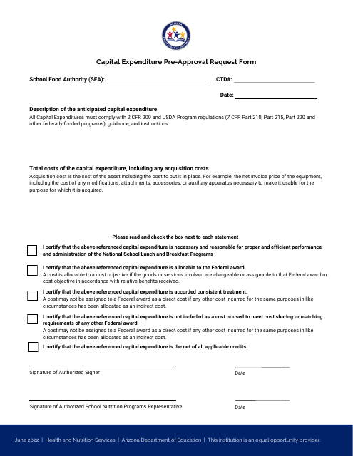 Capital Expenditure Pre-approval Request Form - Arizona Download Pdf