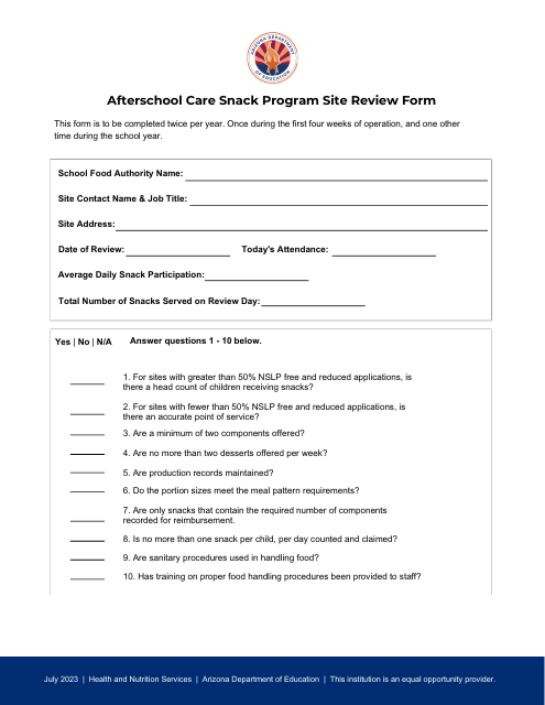 Afterschool Care Snack Program Site Review Form - Arizona Download Pdf