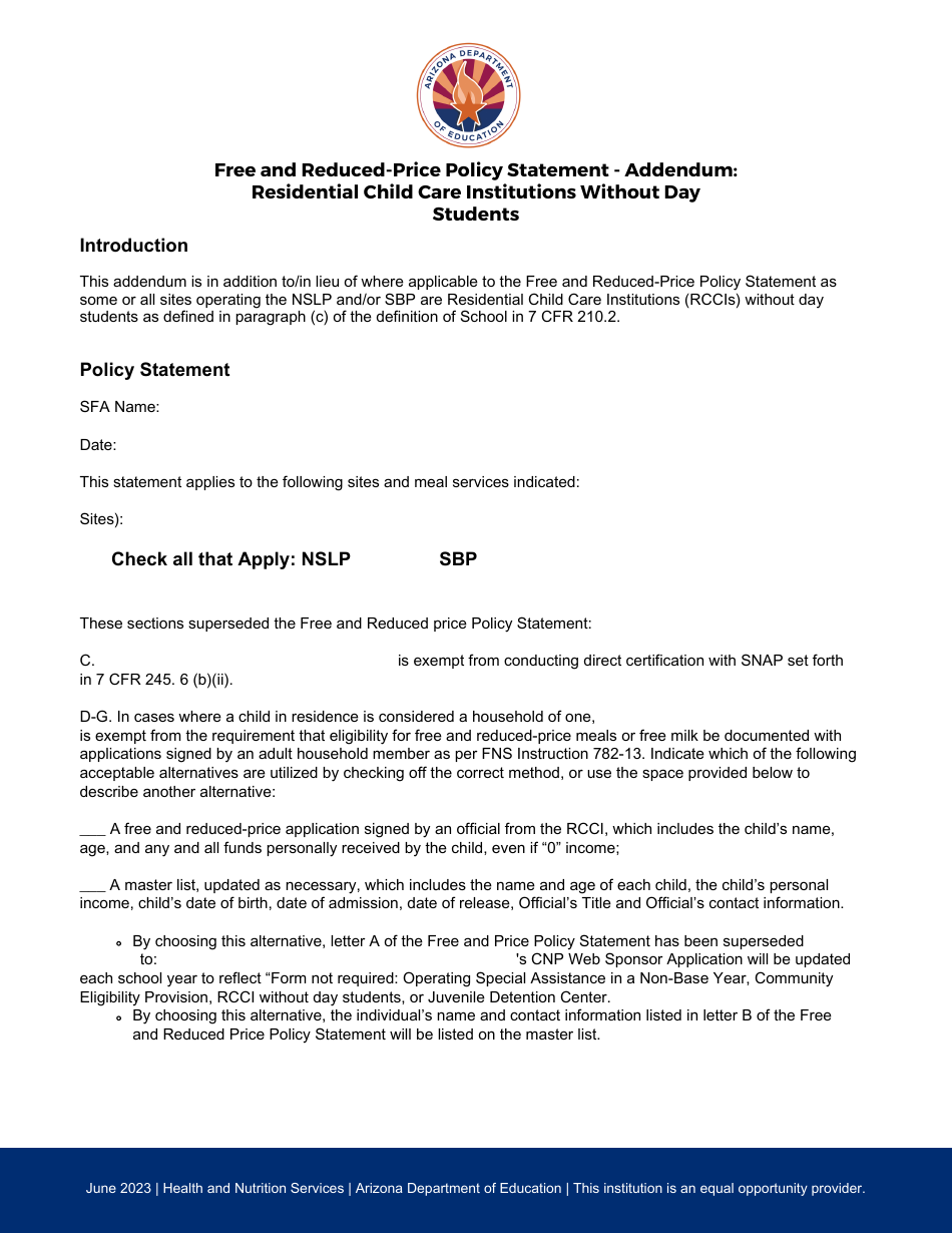 Free and Reduced-Price Policy Statement - Addendum: Residential Child Care Institutions Without Day Students - Arizona, Page 1