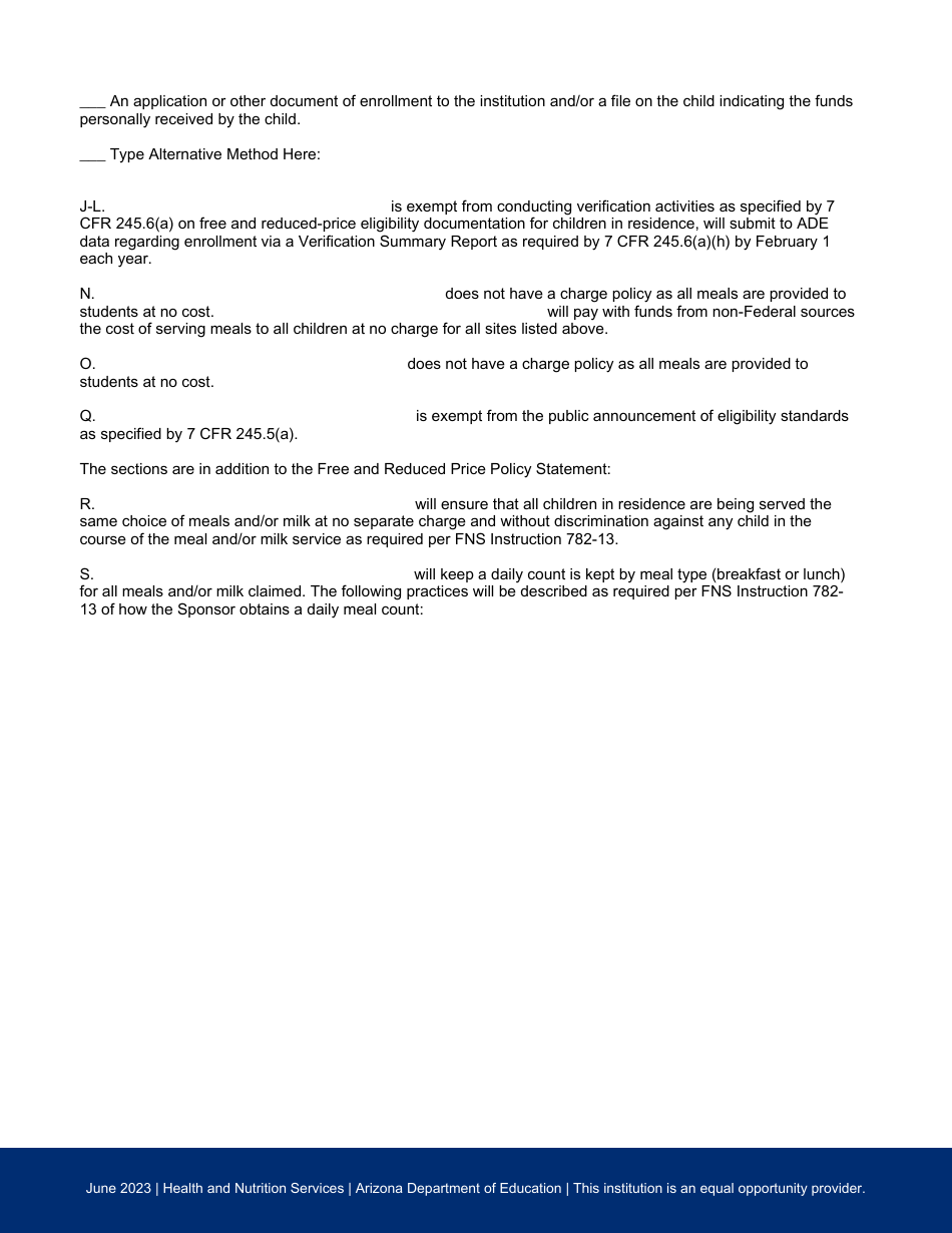 Free and Reduced-Price Policy Statement - Addendum: Residential Child Care Institutions Without Day Students - Arizona, Page 2