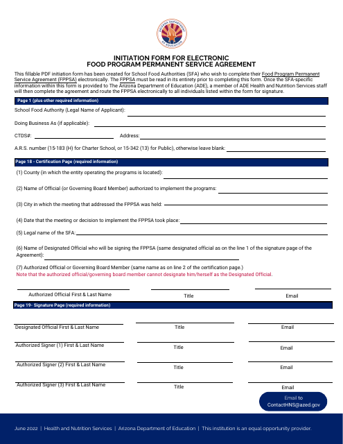 Initiation Form for Electronic Food Program Permanent Service Agreement - Arizona