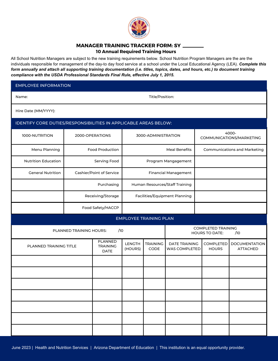 Manager Training Tracker Form - Arizona, Page 1