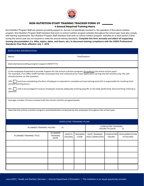 Non-nutrition Staff Training Tracker Form - 4 Annual Required Training Hours - Arizona