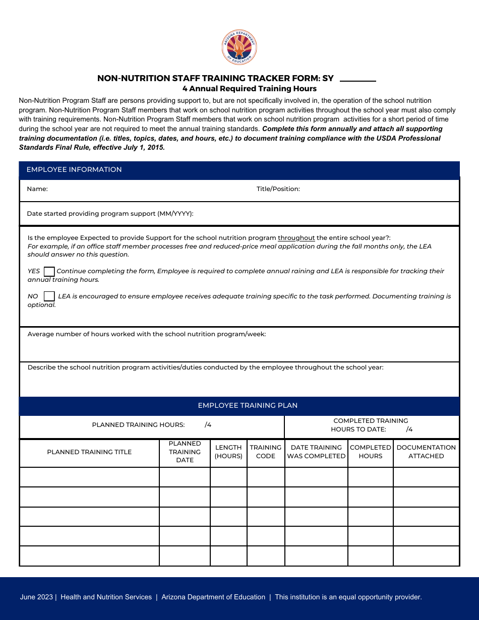 Non-nutrition Staff Training Tracker Form - 4 Annual Required Training Hours - Arizona, Page 1