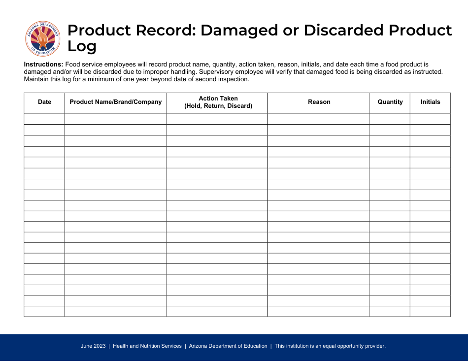 Product Record: Damaged or Discarded Product - Arizona, Page 1