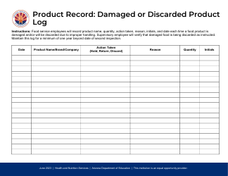 Document preview: Product Record: Damaged or Discarded Product - Arizona