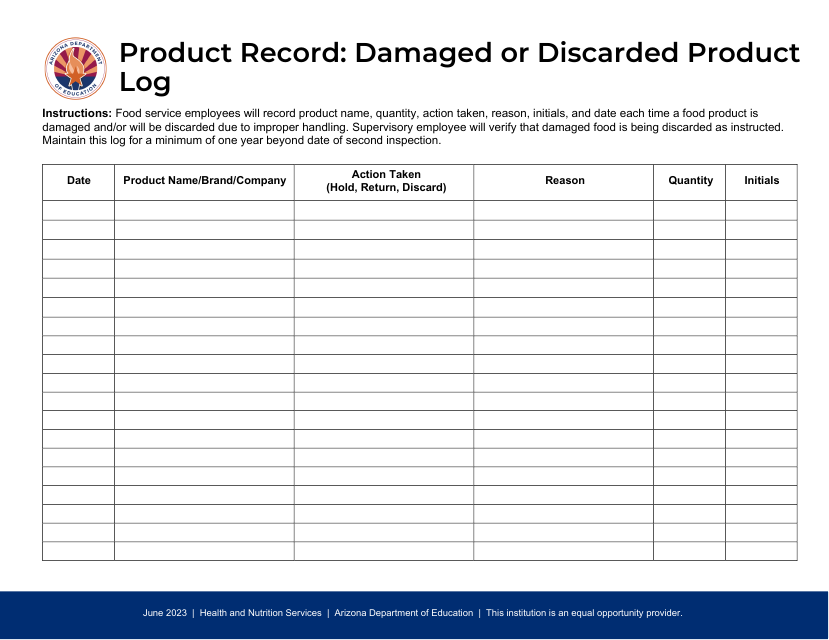 Product Record: Damaged or Discarded Product - Arizona