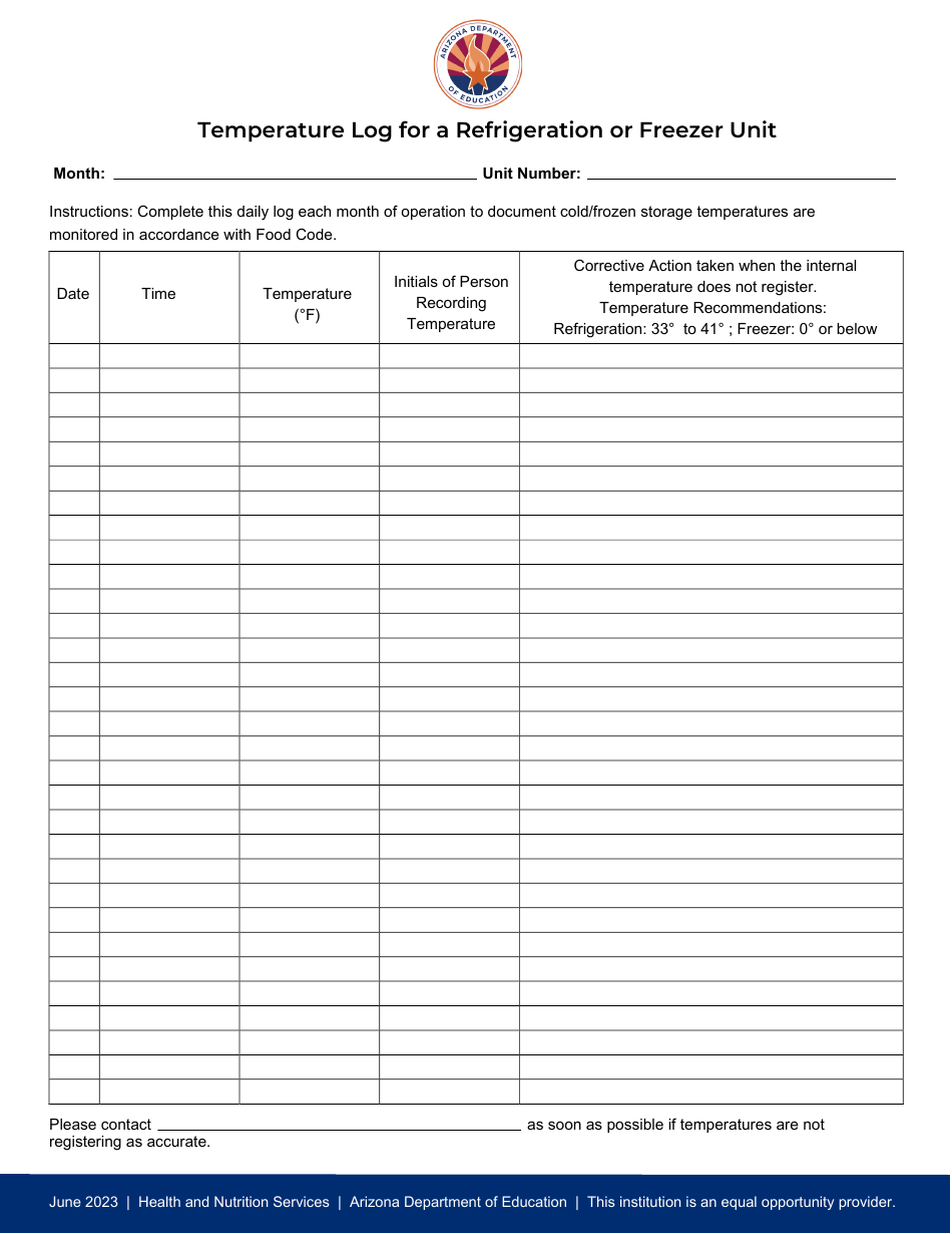 Temperature Log for a Refrigeration or Freezer Unit - Arizona, Page 1