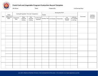 Document preview: Fresh Fruit and Vegetable Program Production Record Template - Arizona