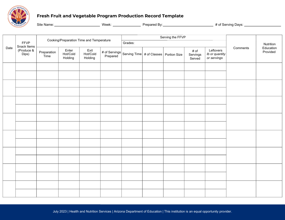 Fresh Fruit and Vegetable Program Production Record Template - Arizona, Page 1