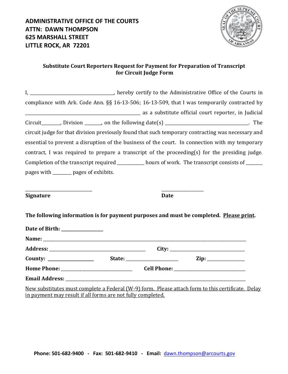 Substitute Court Reporters Request for Payment for Preparation of Transcript for Circuit Judge Form - Arkansas, Page 1